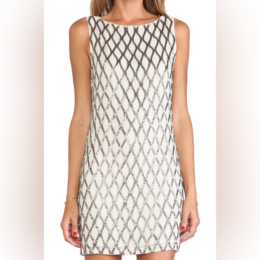 ALICE + OLIVIA Dalyla Bead Embellished Mini A-Line Dress in Stone & Gunmetal